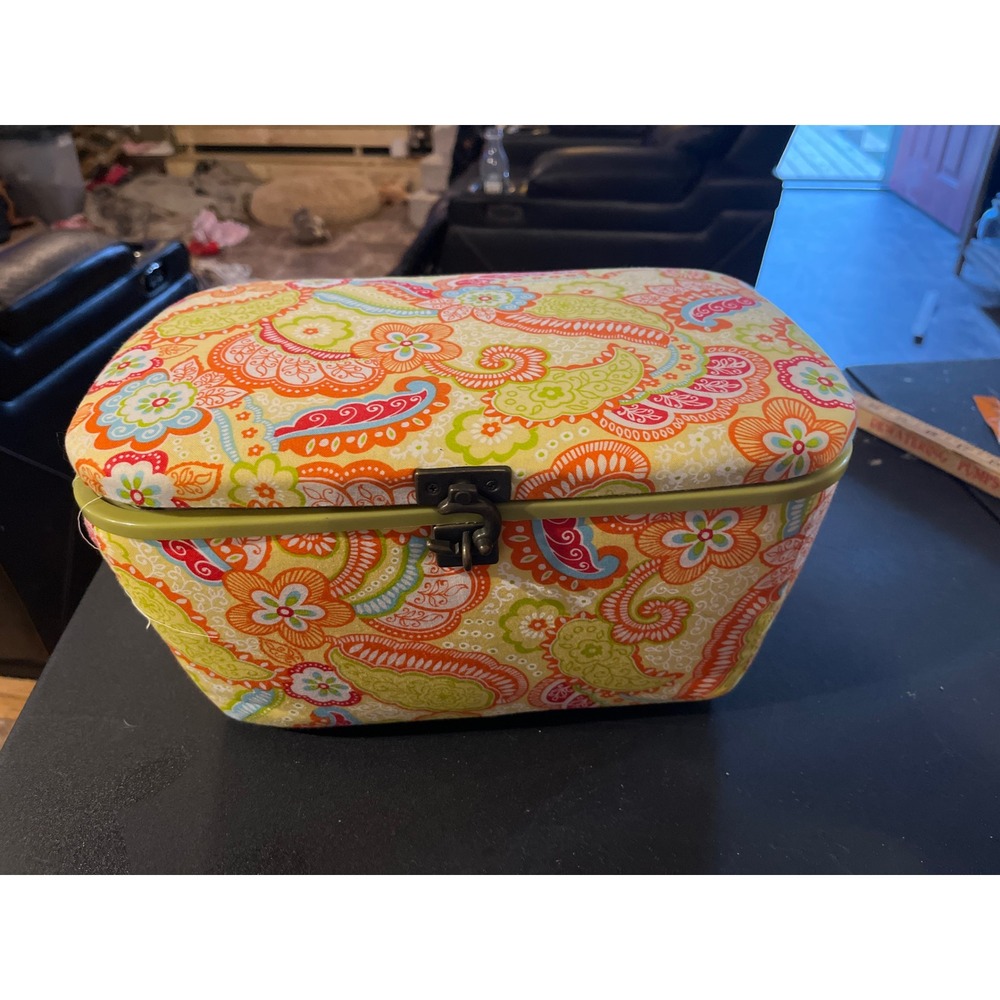 Floral Paisley Sewing Basket Craft Organizer Box with Removable Tray Multicolor